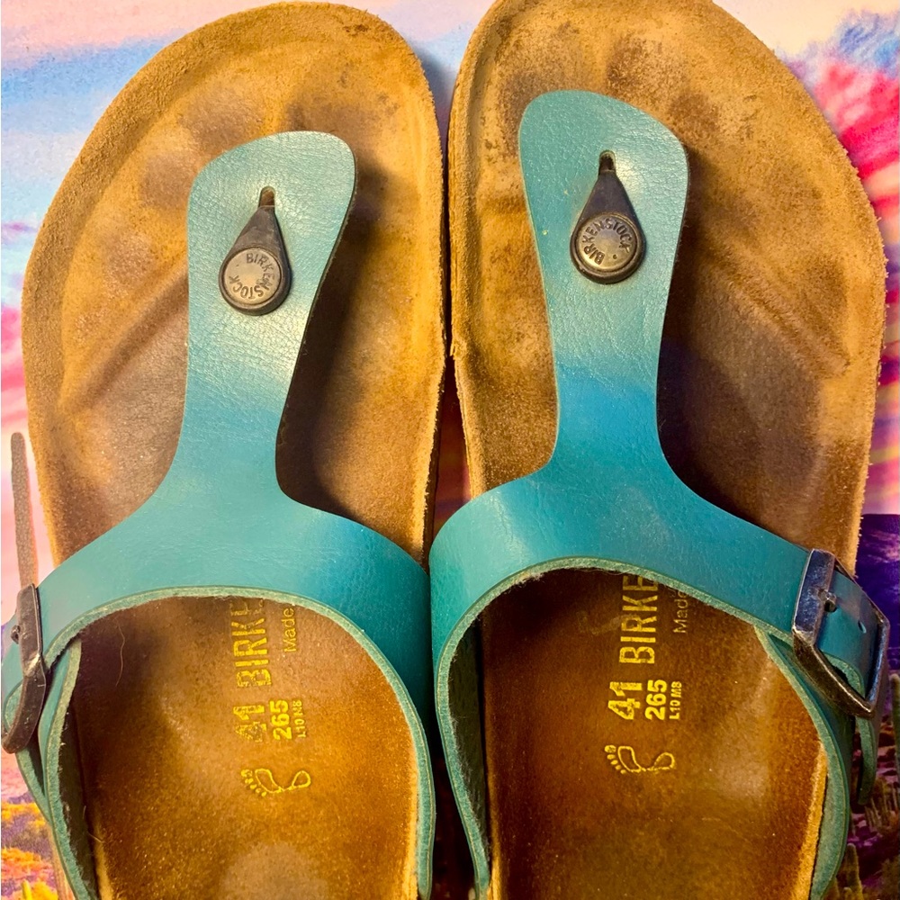 Birkenstock Gizeh Teal Leather Sandals Rare Color Size 42 (W10 M8) GUC